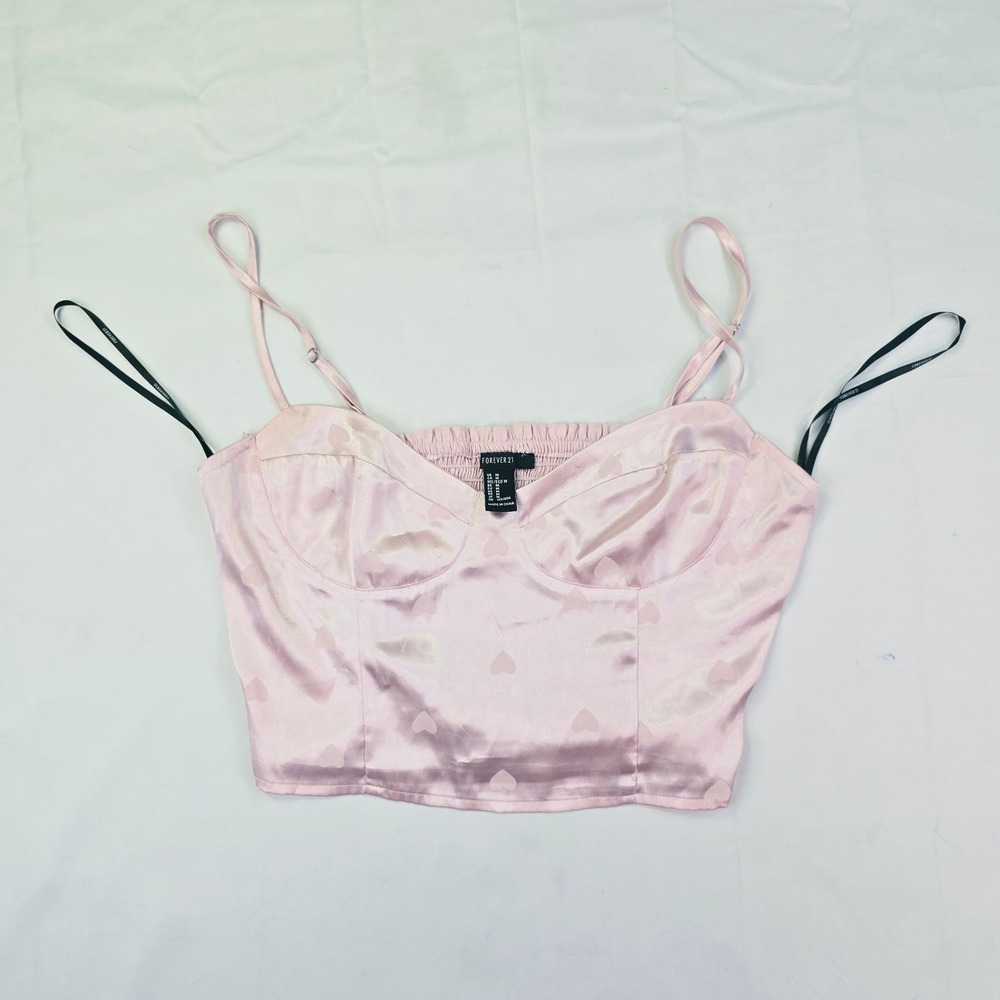 Forever 21 Women's Medium Pink Heart Satin Bustier Cami Top Smocked Back
